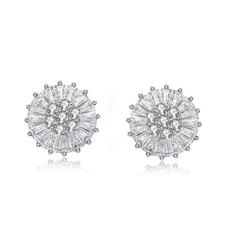 Sterling Silver Round and Baguette Cubic Zirconia Stud Earrings