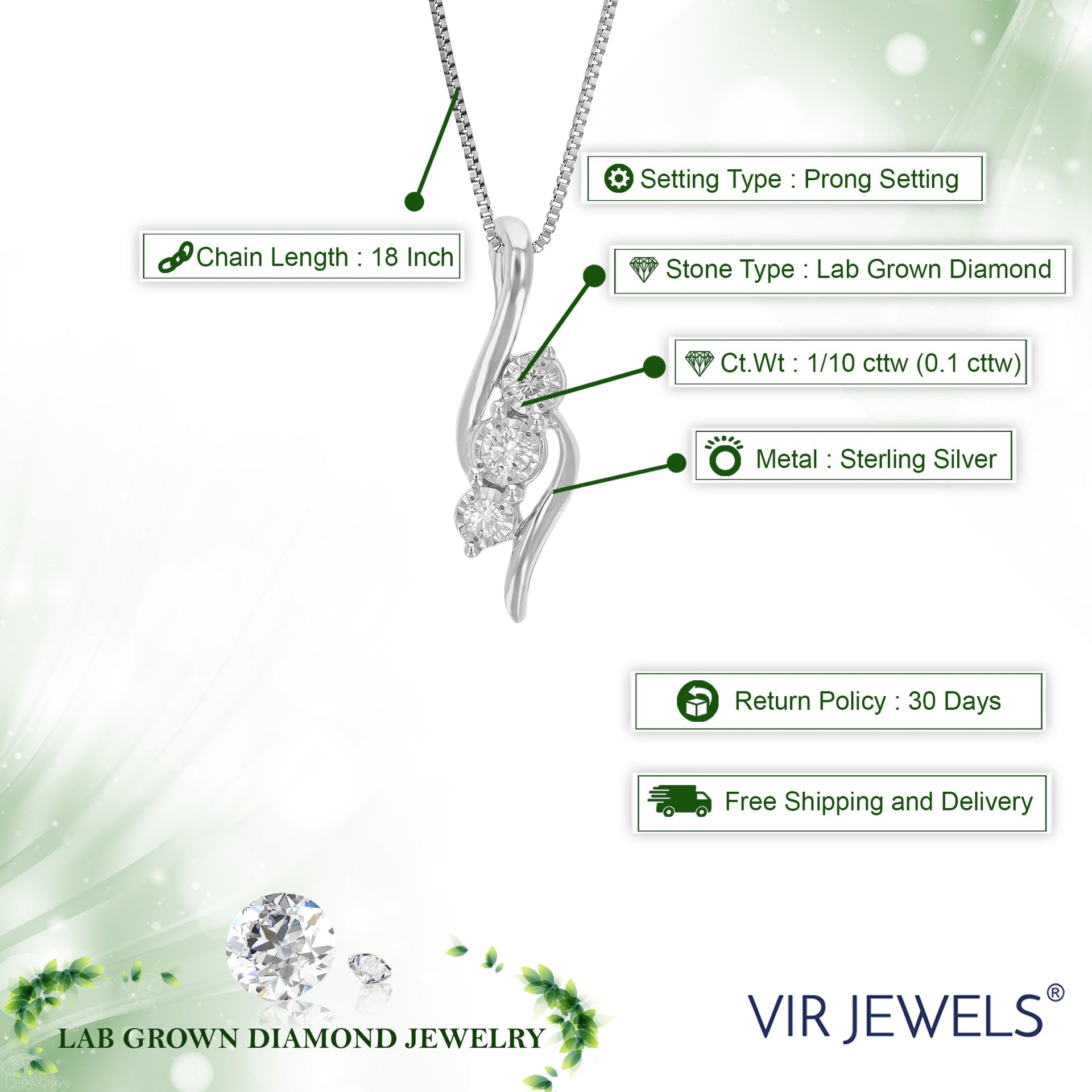 1/10 cttw Lab Grown Diamond Pendant Necklace .925 Sterling Silver For Women 1/5 Inch With 18 Inch Chain