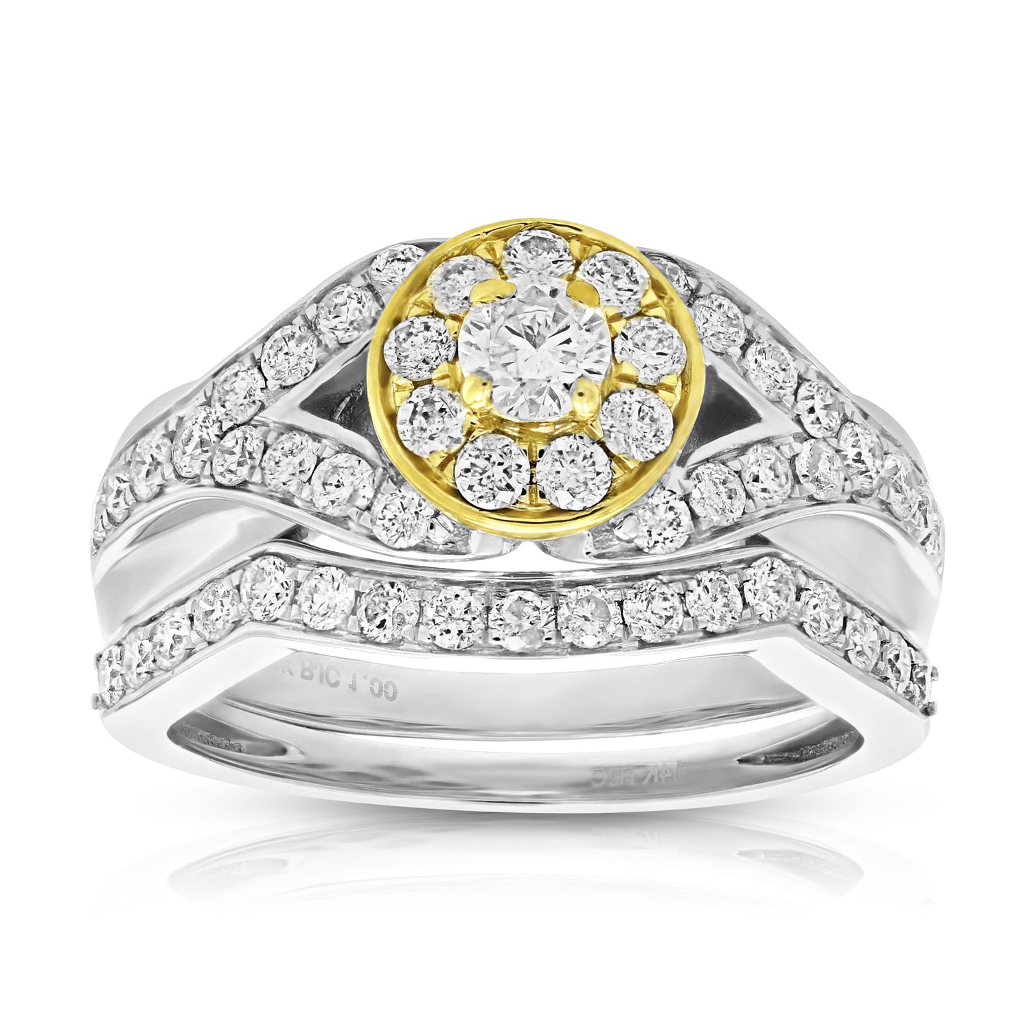 1 Cttw Diamond Engagement Bridal Ring Set 14K Two Tone Gold Halo Style Wedding