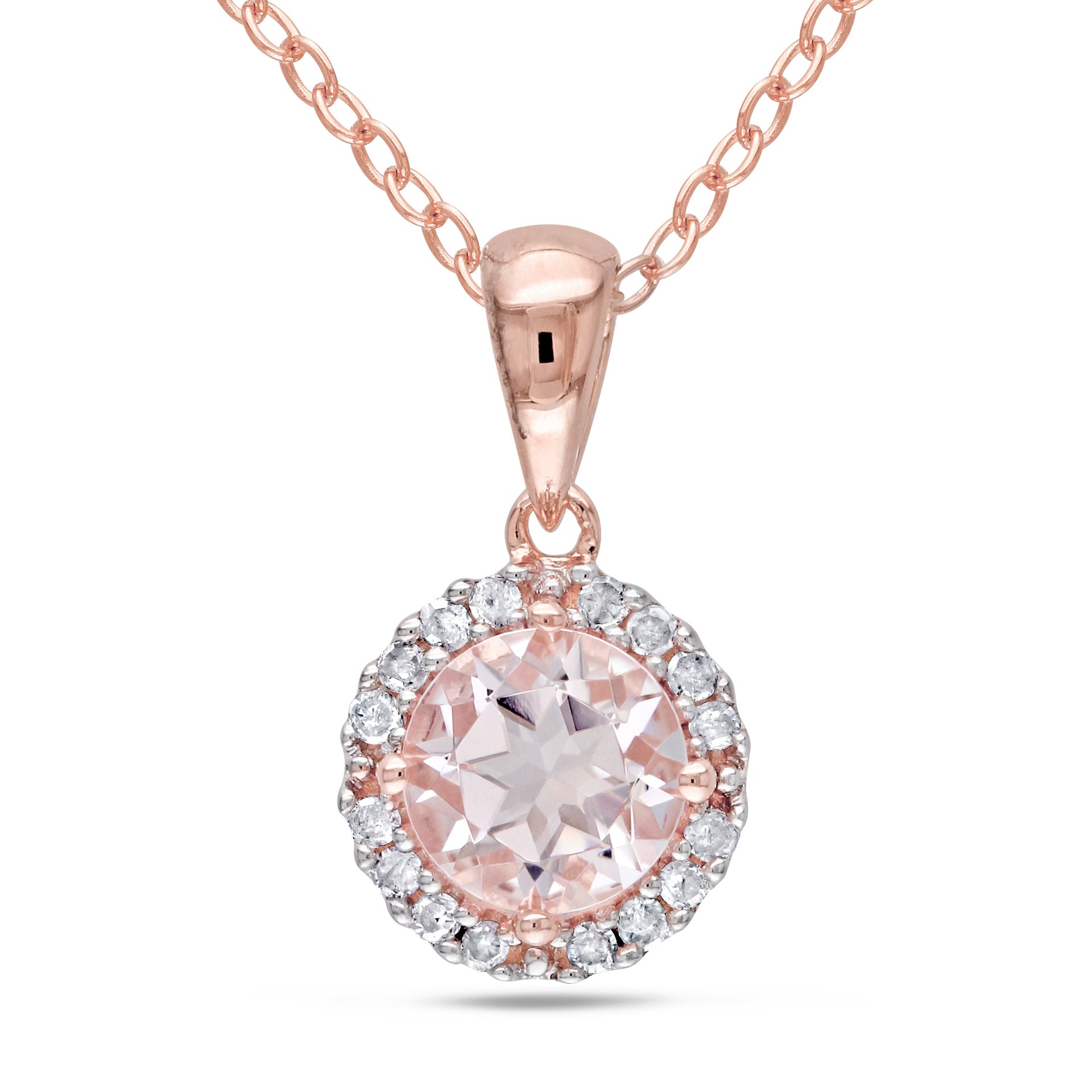 Morganite and 1/10 CT TW Diamond Halo Necklace in Rose Plated Sterling Silver