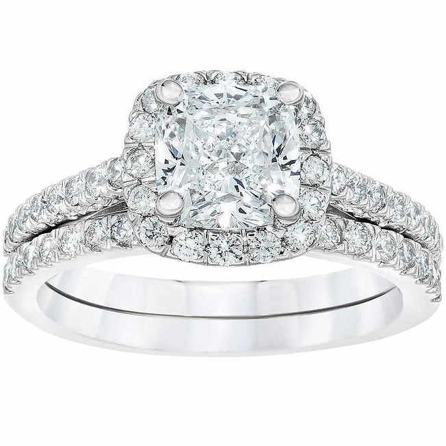 2.25 cttw Cushion Halo Diamond Engagement Wedding Ring Set 14k White Gold