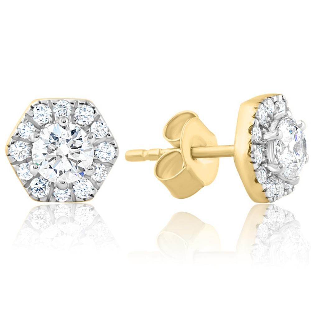 1Ct TW Diamond Studs Hexagon Halo Lab Grown Earrings White or Yellow Gold