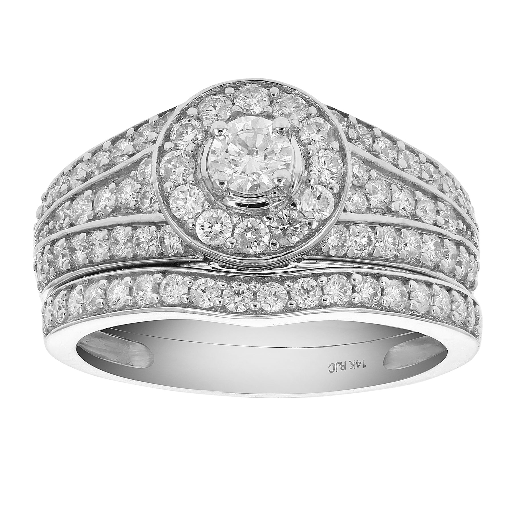 1 Cttw Diamond Prong Set Wedding Engagement Ring Set 14K White Gold Multi Row Bridal