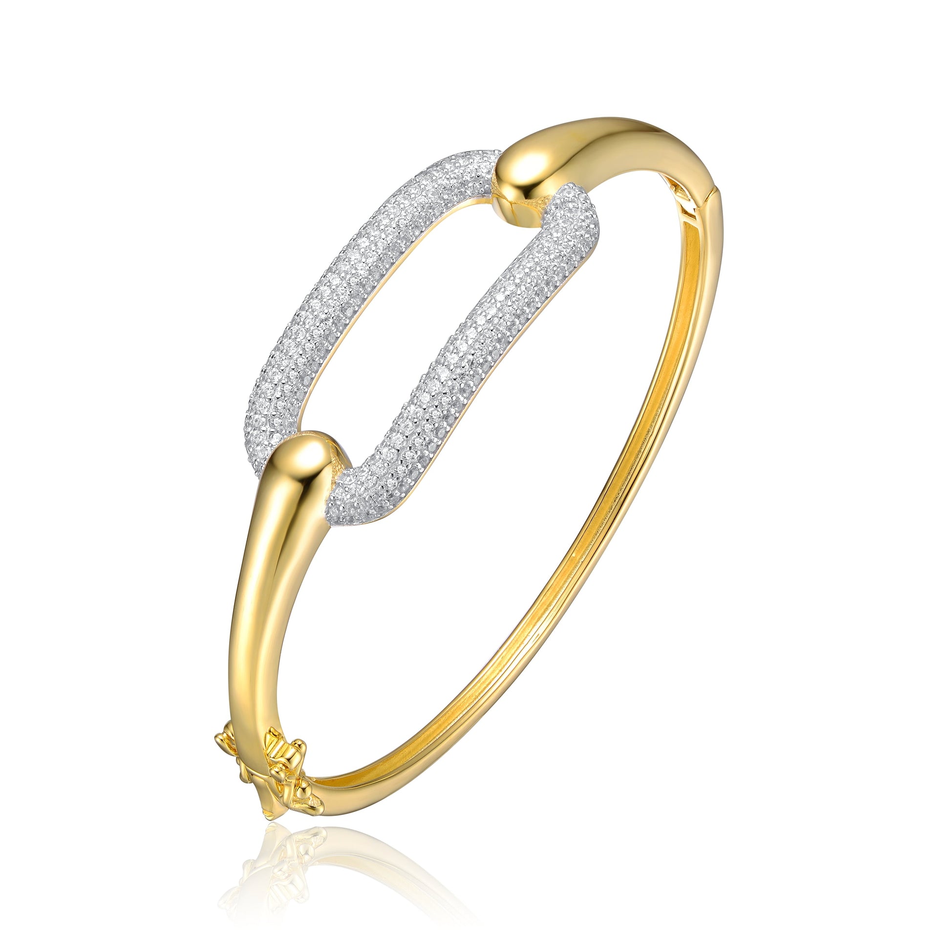 Sterling Silver 14k Gold Plated with Cubic Zirconia French Pave Geometric Link Bangle Bracelet