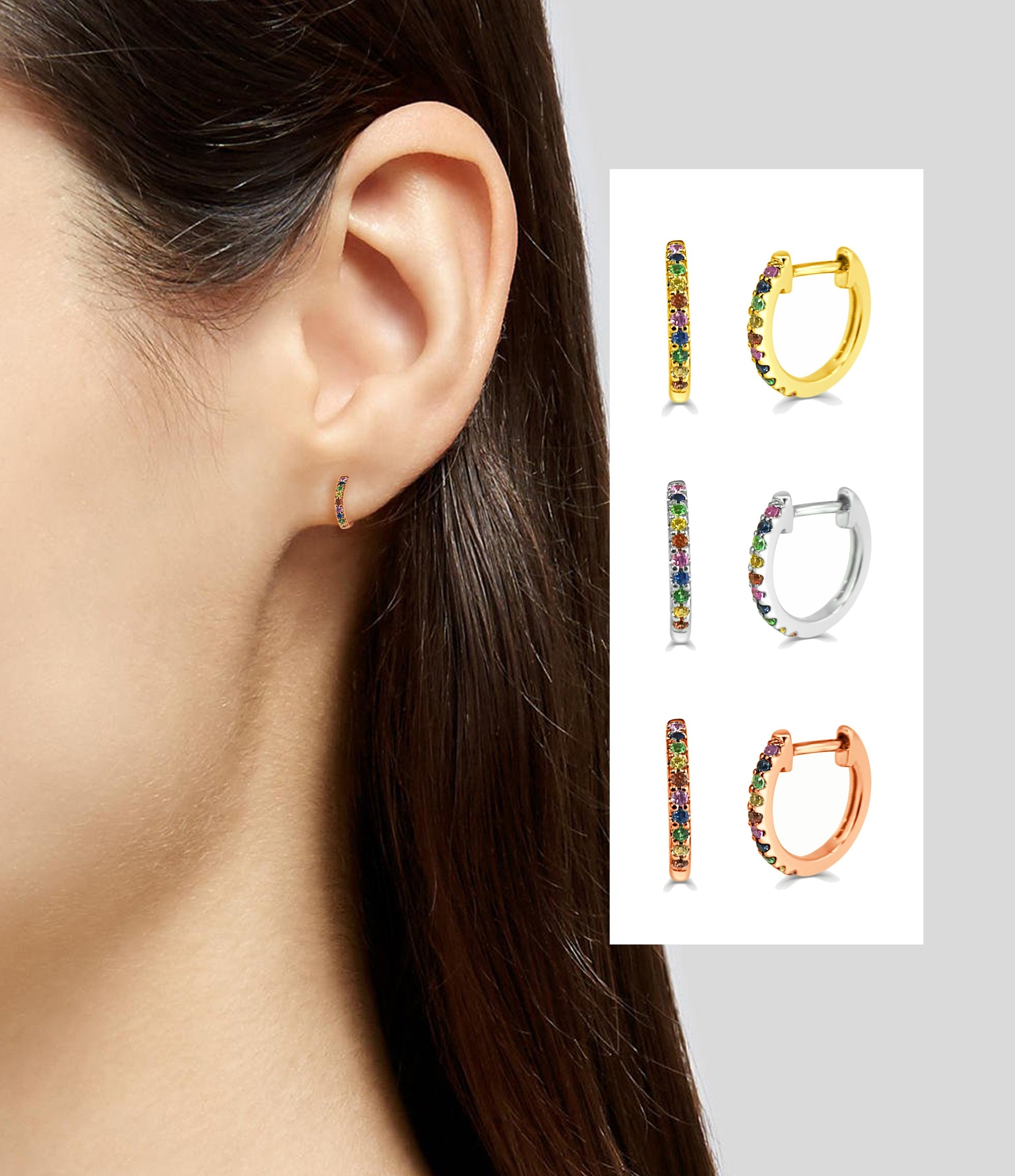 14k Gold & Rainbow Sapphire Huggie Earrings