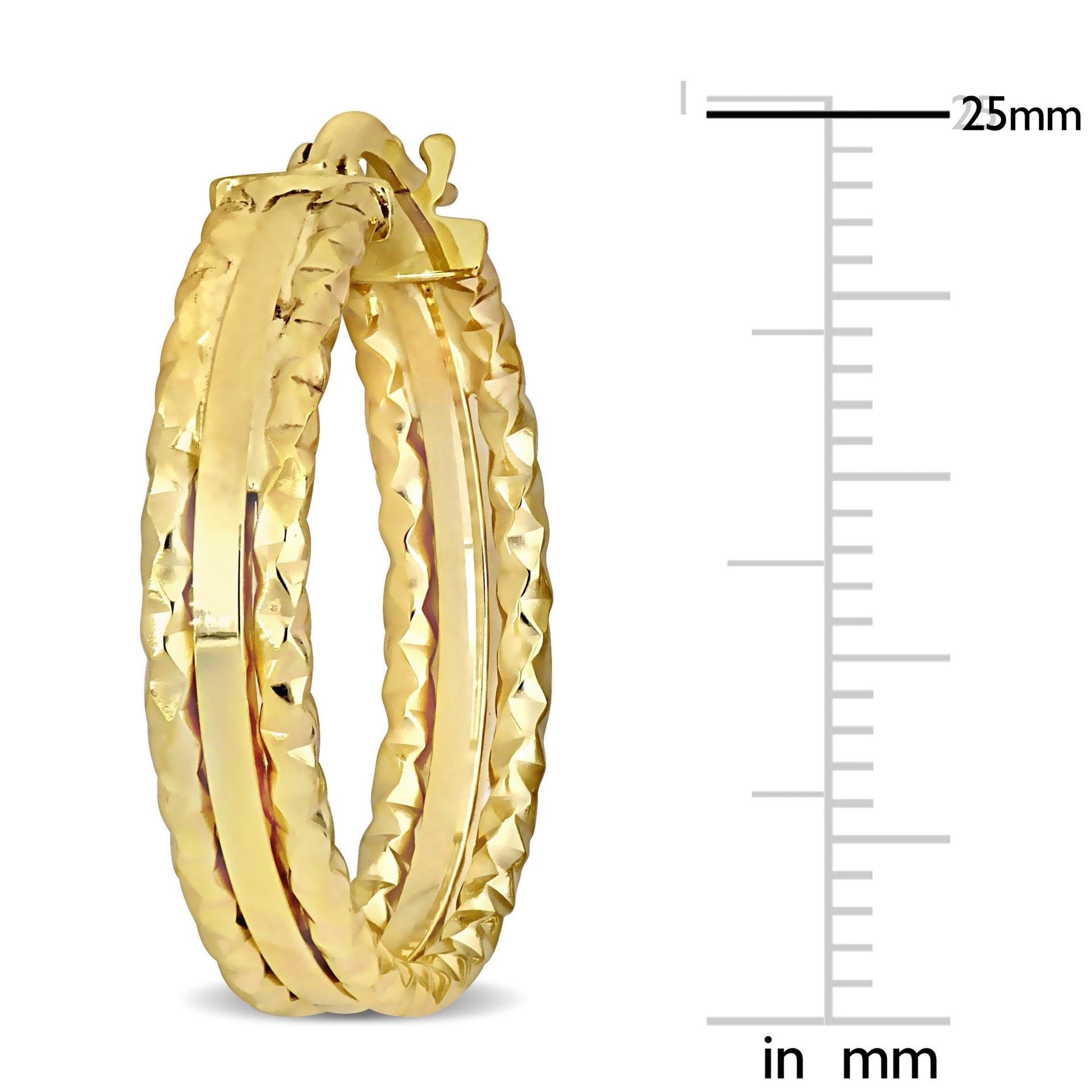 25 MM 3-Row Texture and Polished Hoop Earrings in 10K Yellow Gold