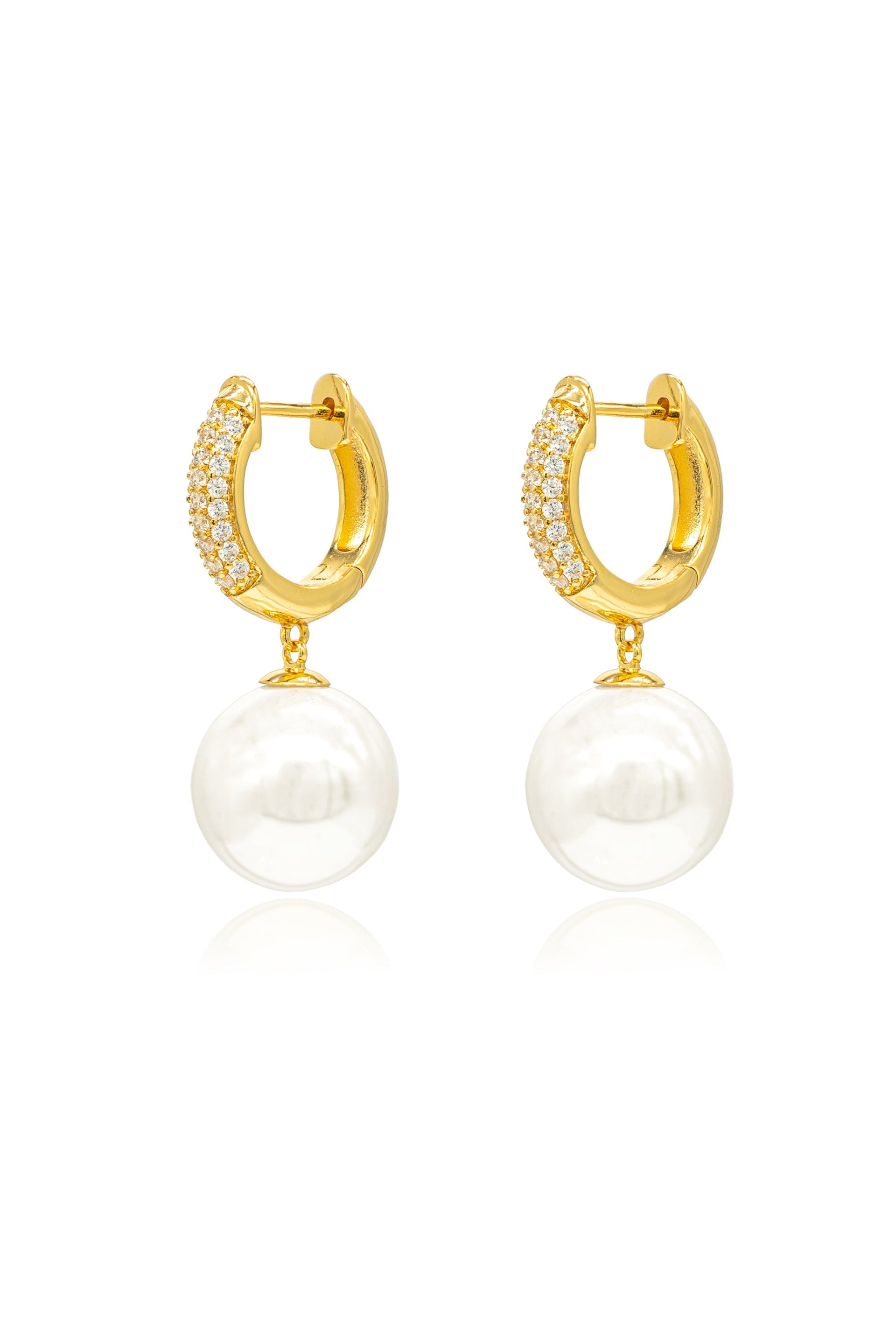 Gold Pavé Huggie Hoop Solitaire Pearl Drop Earrings