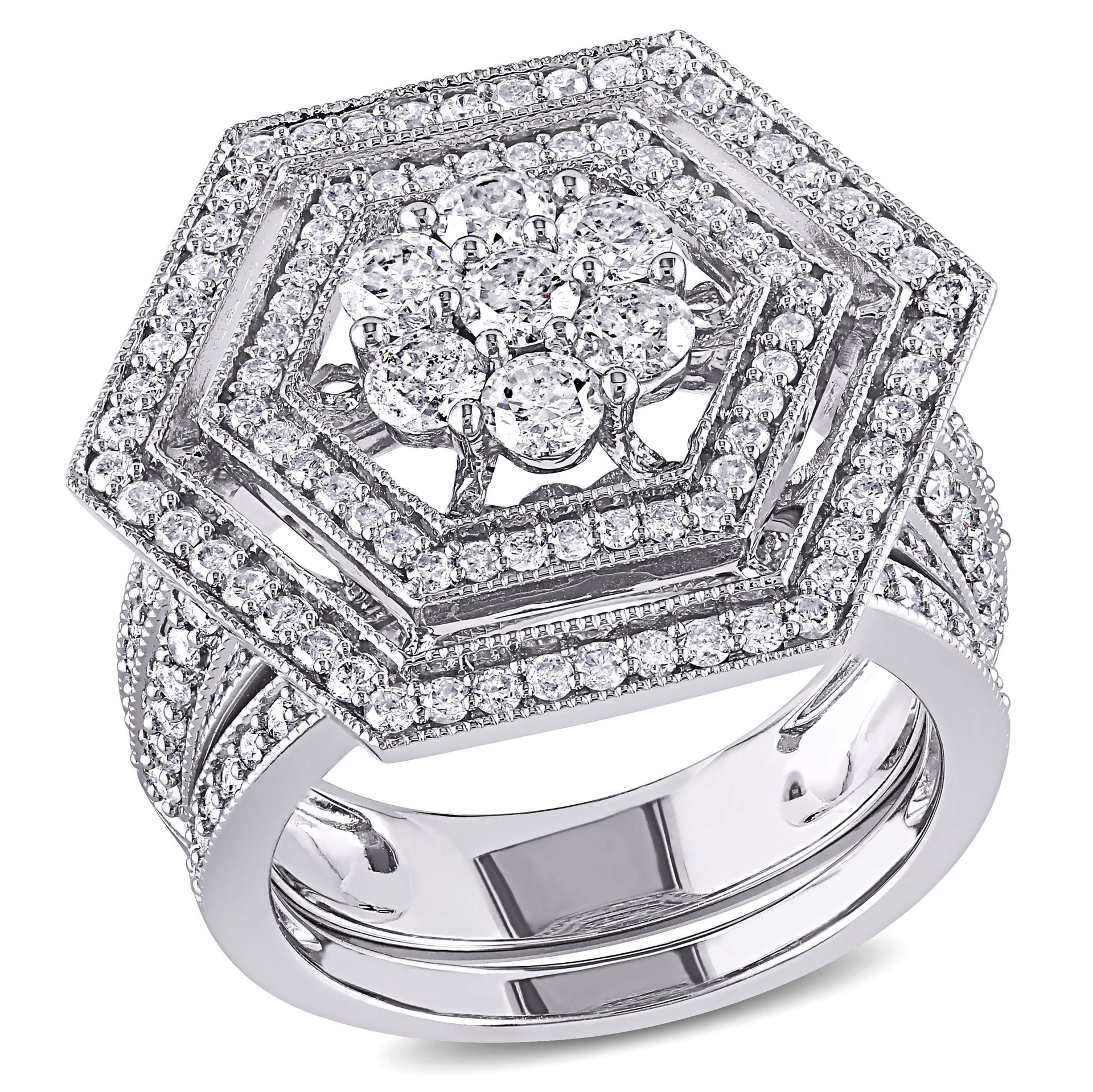 Mimi & Max 2ct TW Double Halo Geometric Diamond Bridal Set 10k White Gold