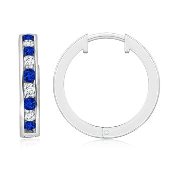 Channel-Set Blue Sapphire and Diamond Hinged Hoop Earrings