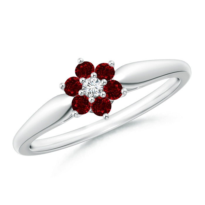 Classic Six Petal Ruby and Diamond Flower Ring
