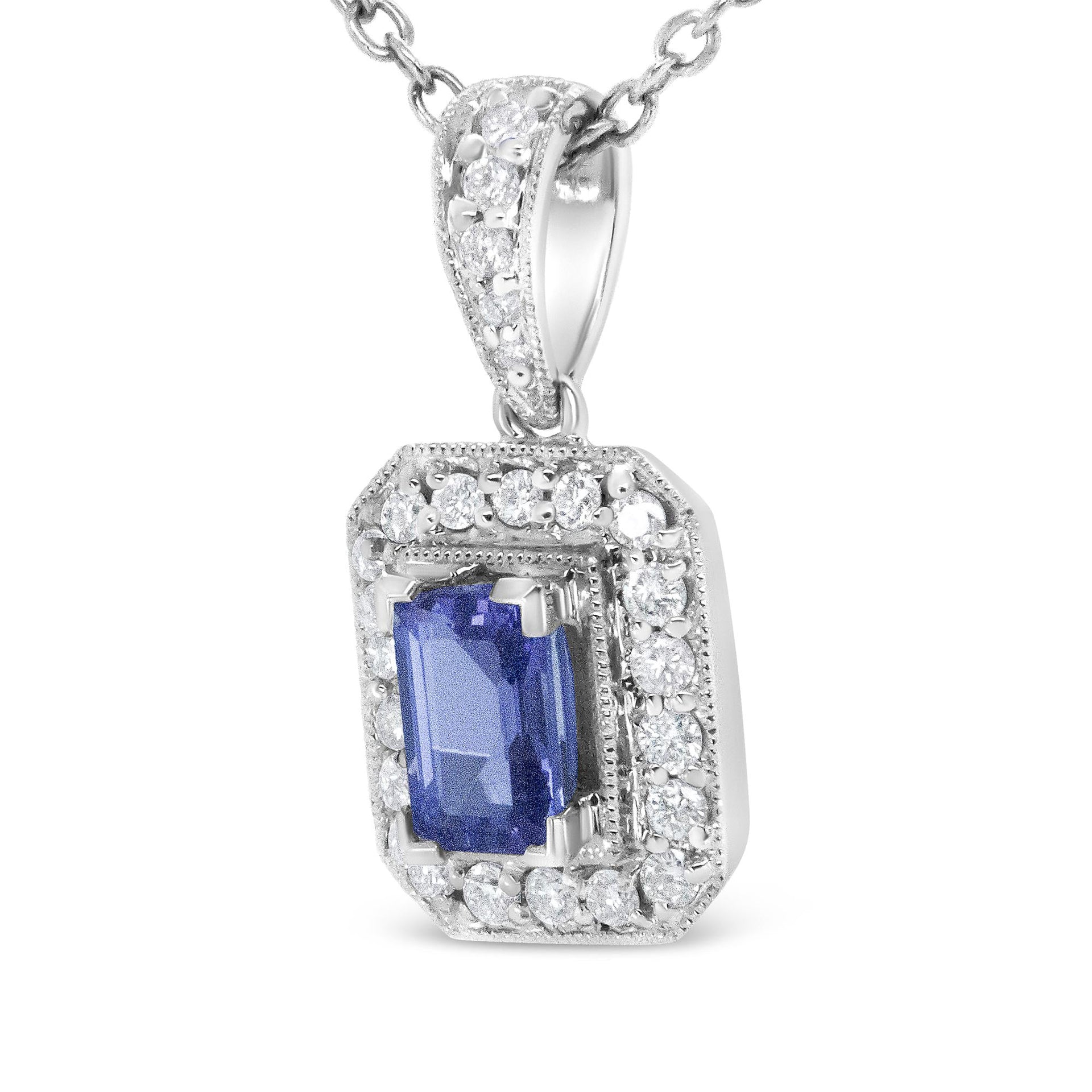 18K White Gold 1/4 Cttw Round Diamond and 6x4mm Purple Tanzanite Halo 18' Pendant Necklace (H-I Color, VS1-VS2 Clarity)