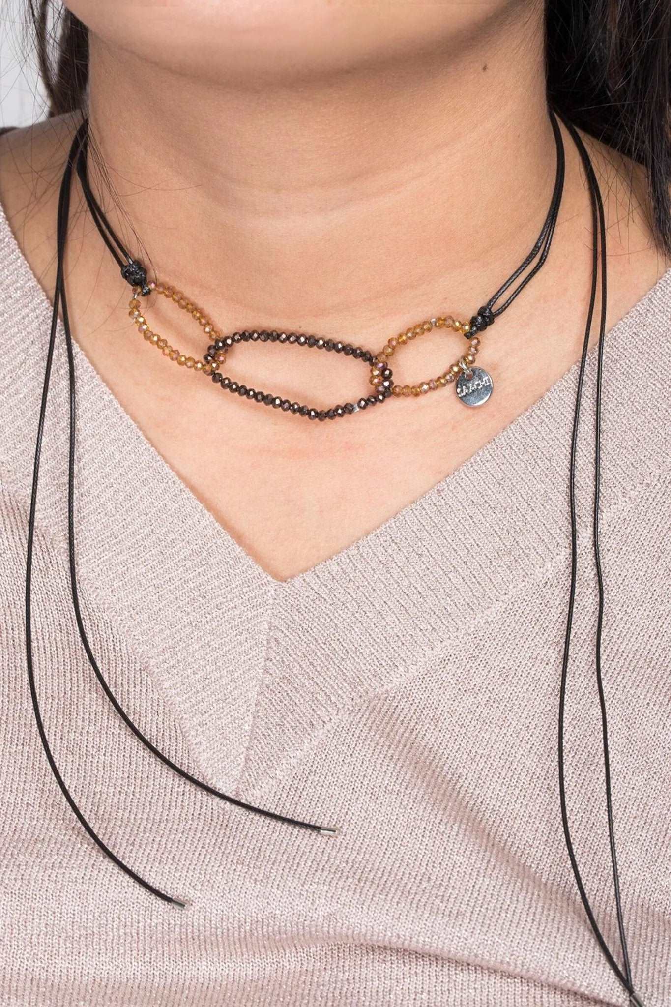 Three-Oval Crystal Bead Ring Wrap Choker