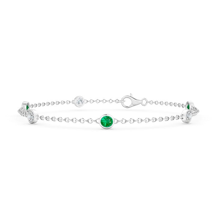 Bezel-Set Emerald and Diamond Station Bracelet with Chain