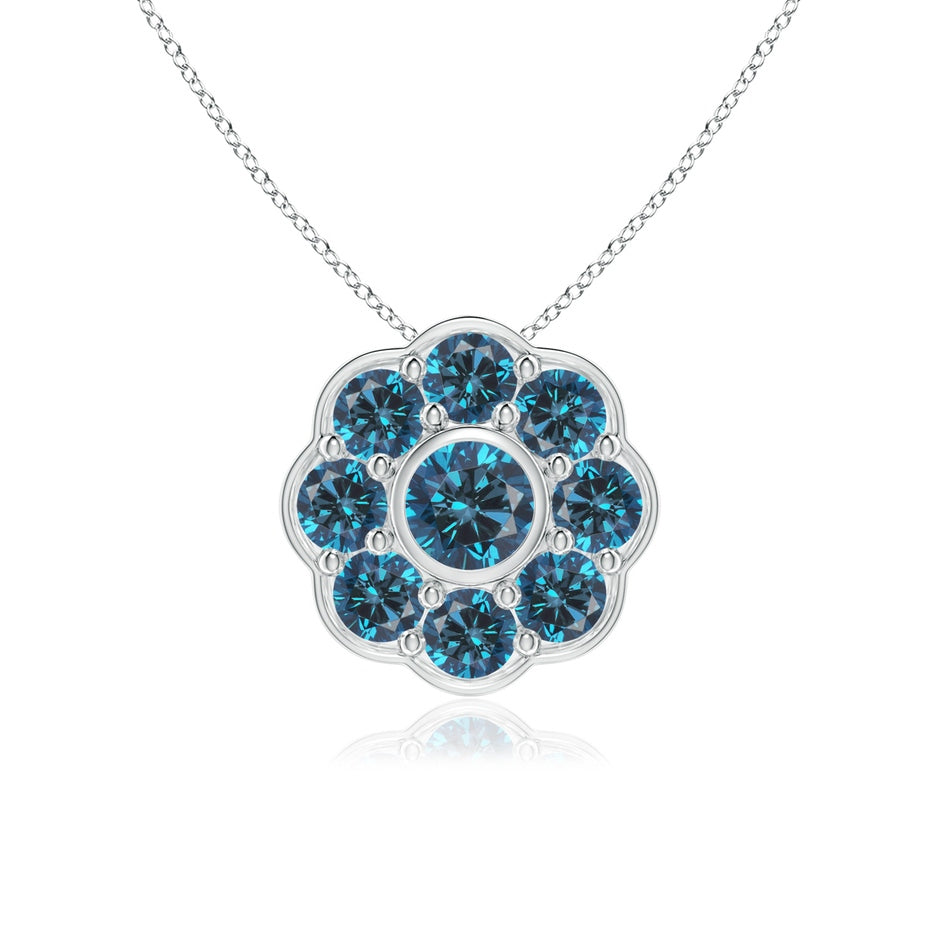 Bezel and Pave Set Round Enhanced Blue Diamond Floral Pendant