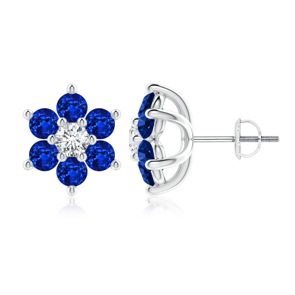 Lab-Grown Six Petal Blue Sapphire and Lab Diamond Flower Stud Earrings