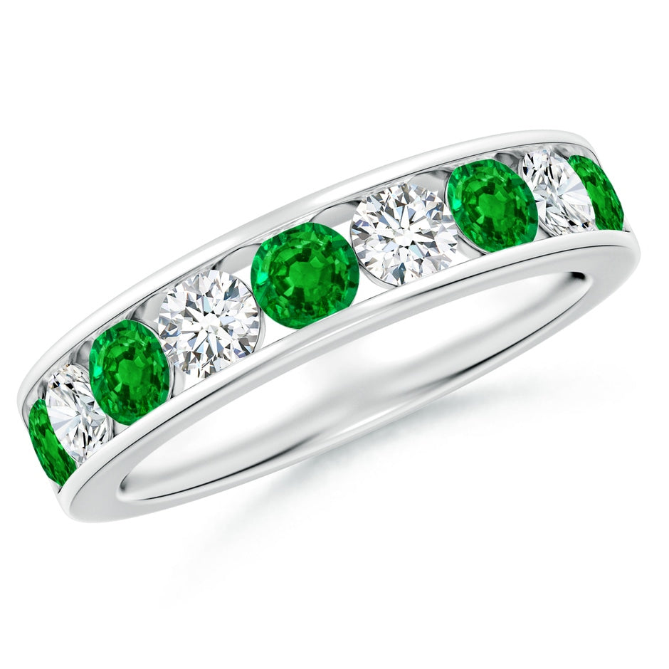 Channel Set Emerald and Diamond Semi Eternity Ring