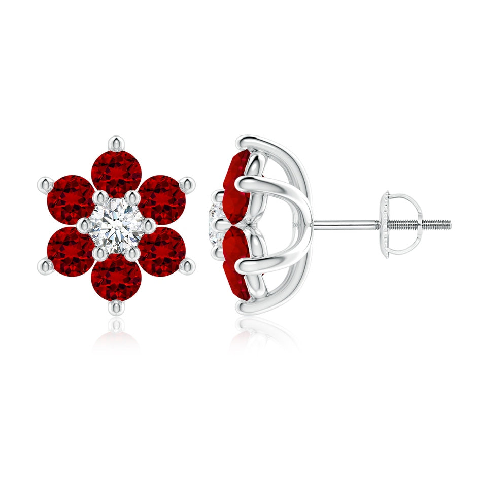 Lab-Grown Six Petal Ruby and Lab Diamond Flower Stud Earrings