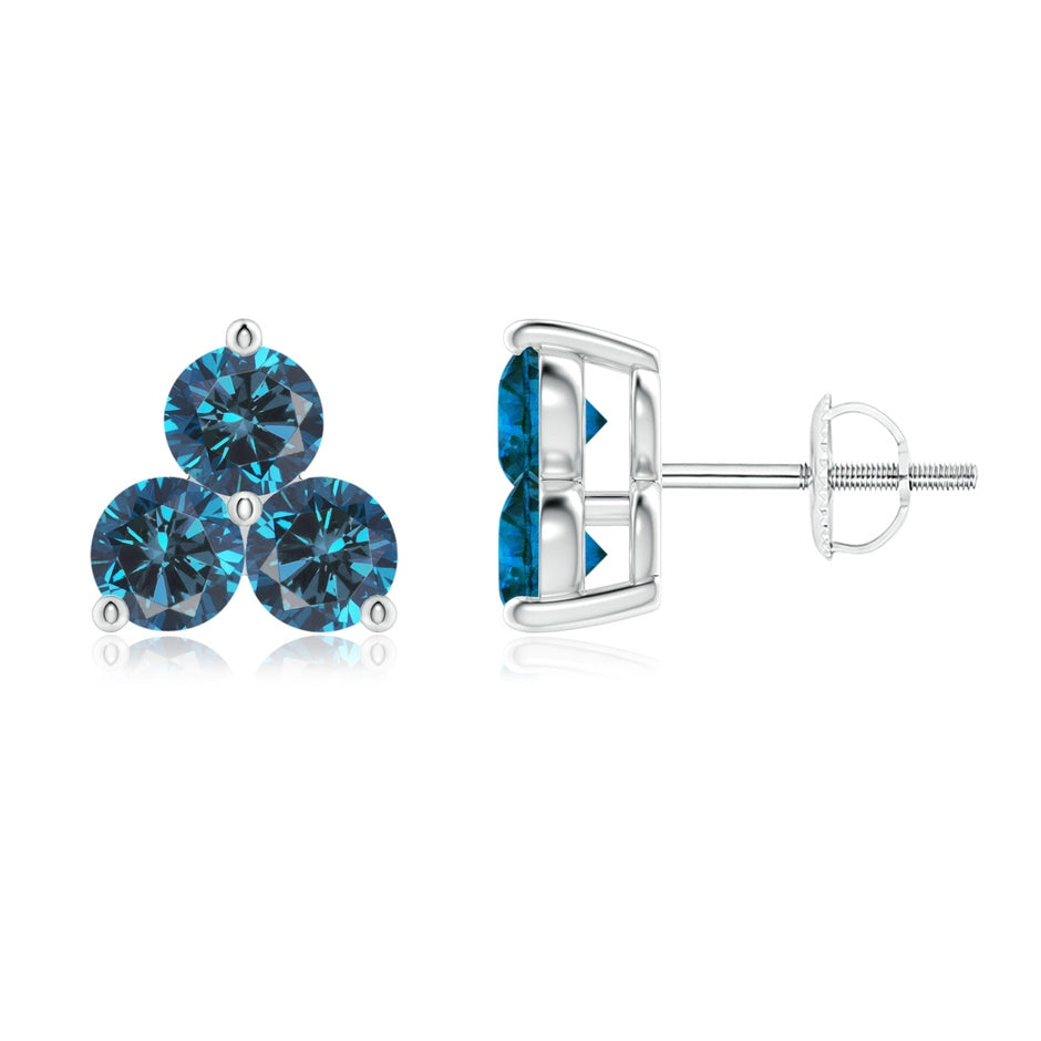 Round Enhanced Blue Diamond Three Stone Stud Earrings