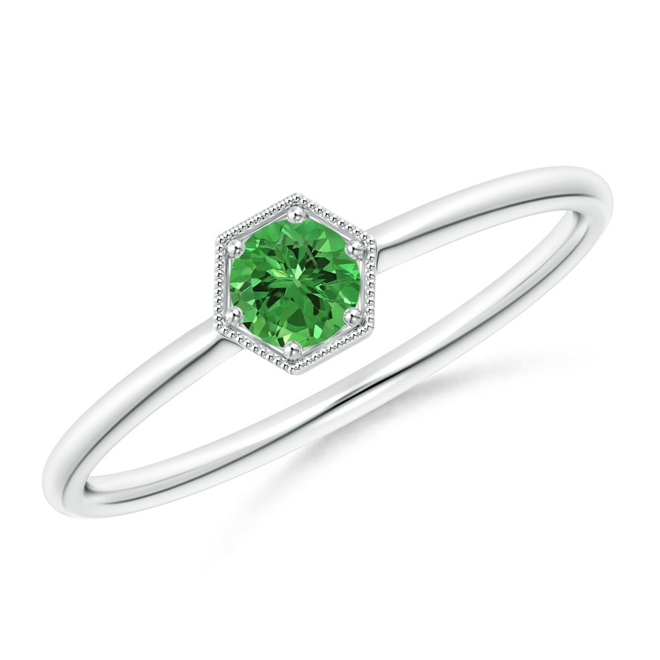 Pavé Set Tsavorite Hexagon Solitaire Ring with Milgrain