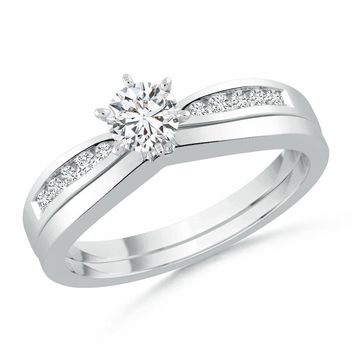 Solitaire Round Diamond Wedding Ring Set with Plain Ring
