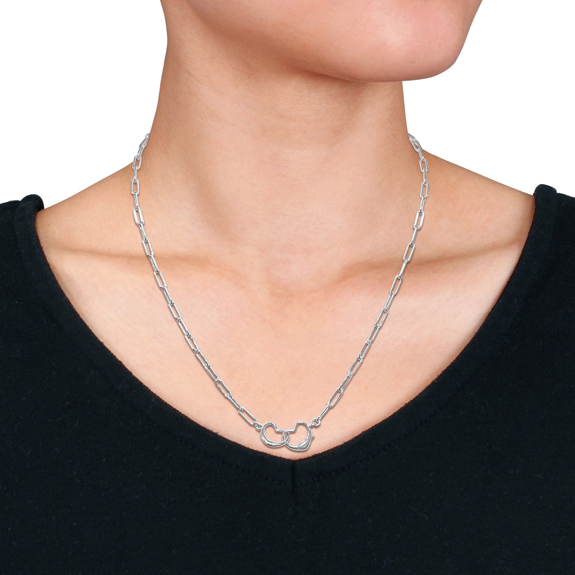 Mimi & Max Paper Clip Link Necklace with Double Heart Clasp in Sterling Silver - 20 in