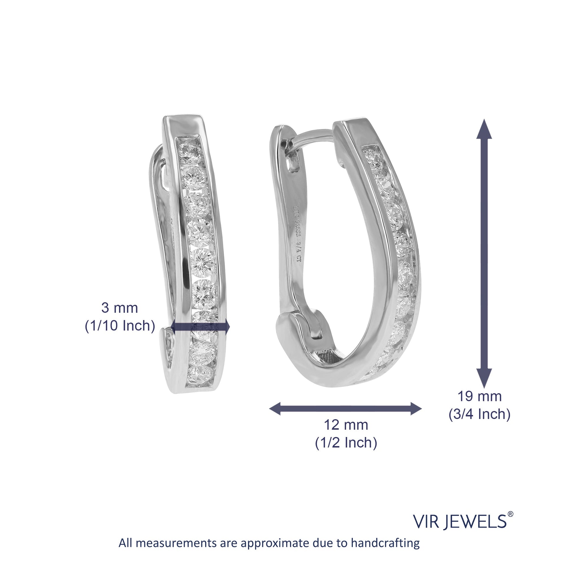 3/4 cttw Round Lab Grown Diamond Hoop Earrings .925 Sterling Silver Channel Set 3/4 Inch