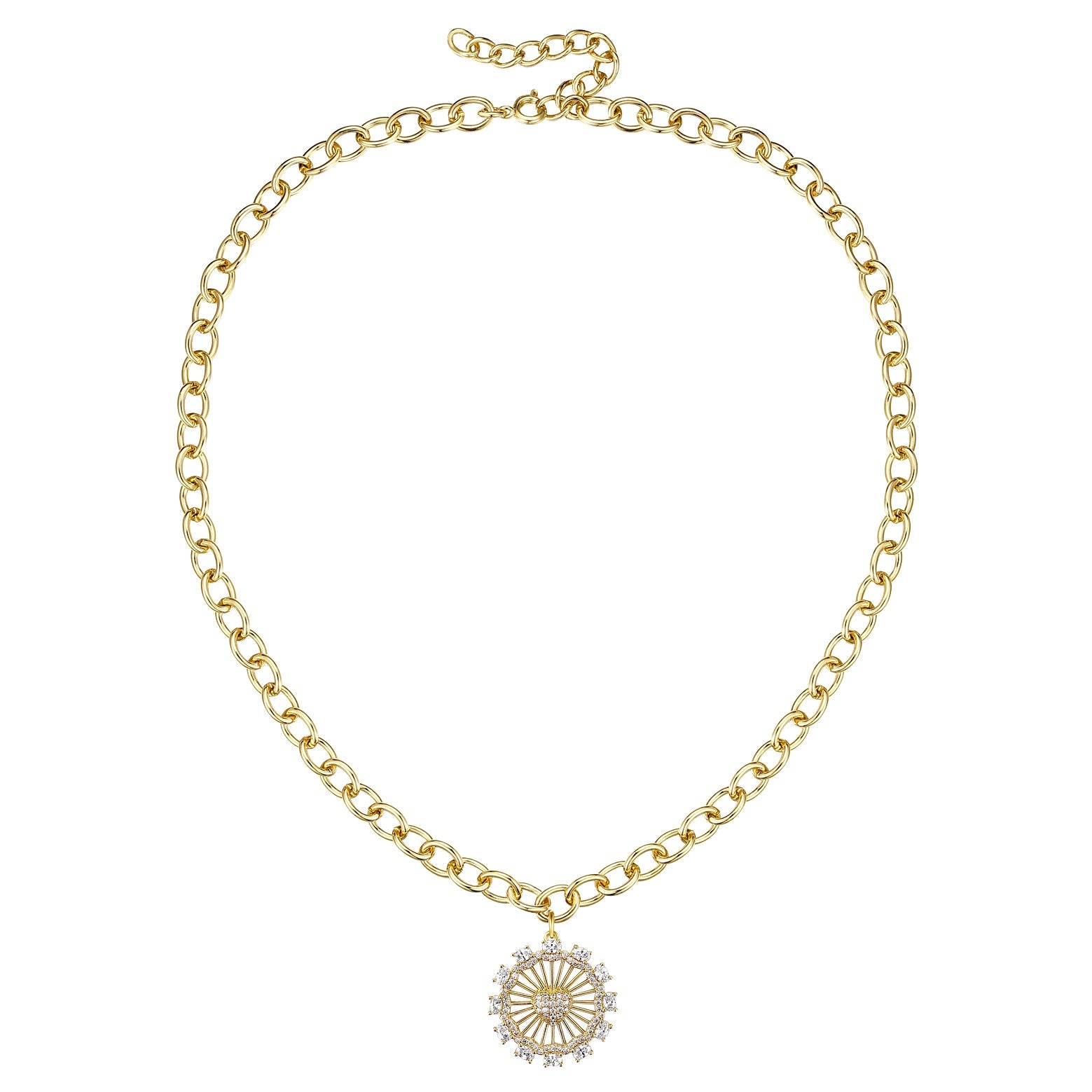 Rg 14k Gold Plated with Diamond Cubic Zirconia Sunshine Flower Pendant Curb Chain Adjustable Necklace