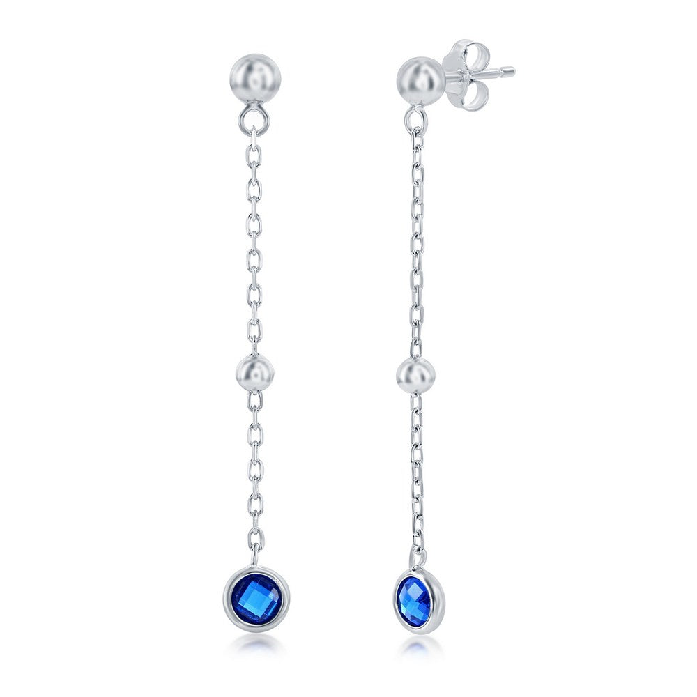 Sterling Silver Bezel-Set CZ Bead Chain Earrings (White, Green, Blue Or Red)