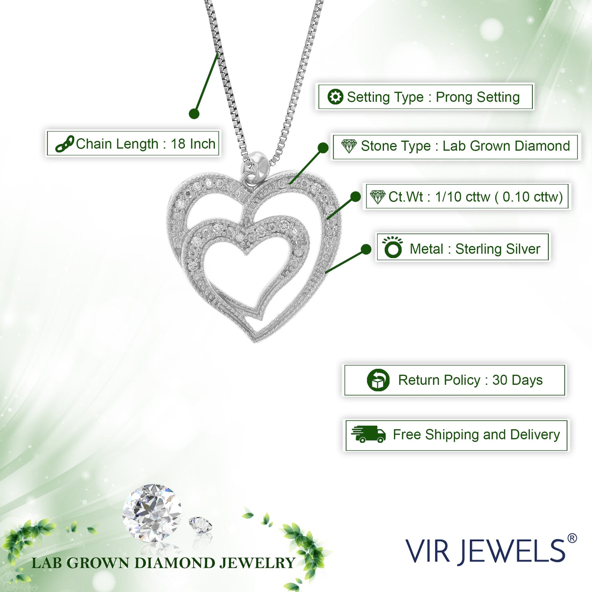 1/10 cttw Lab Grown Diamond Pendant Necklace .925 Sterling Silver 3/4 Inch With 18 Inch Chain