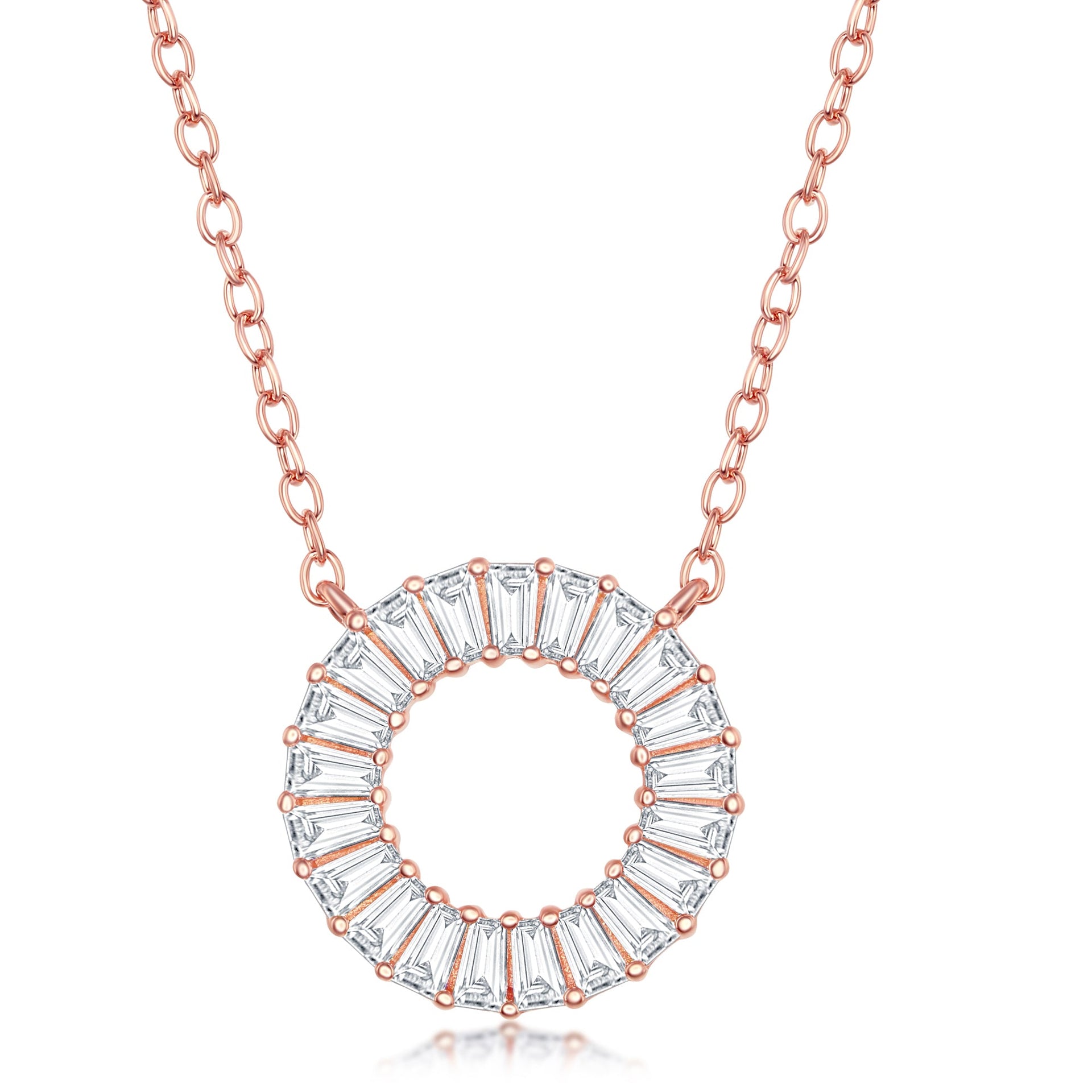 Sterling Silver Baguette CZ Open Circle Necklace - Rose Gold Plated