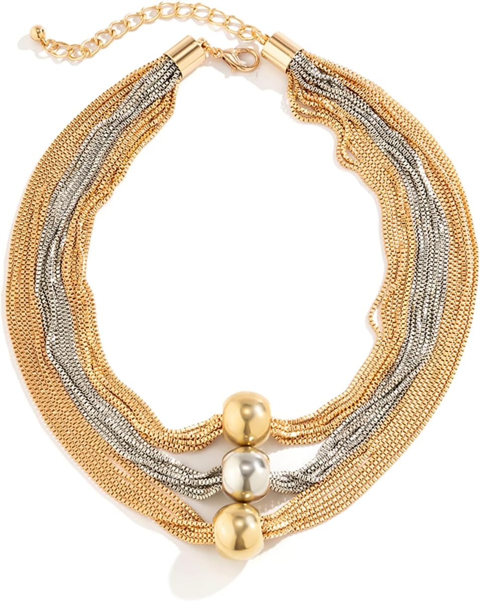 18K Tri Color Gold Multi Link Layer Statement Necklace