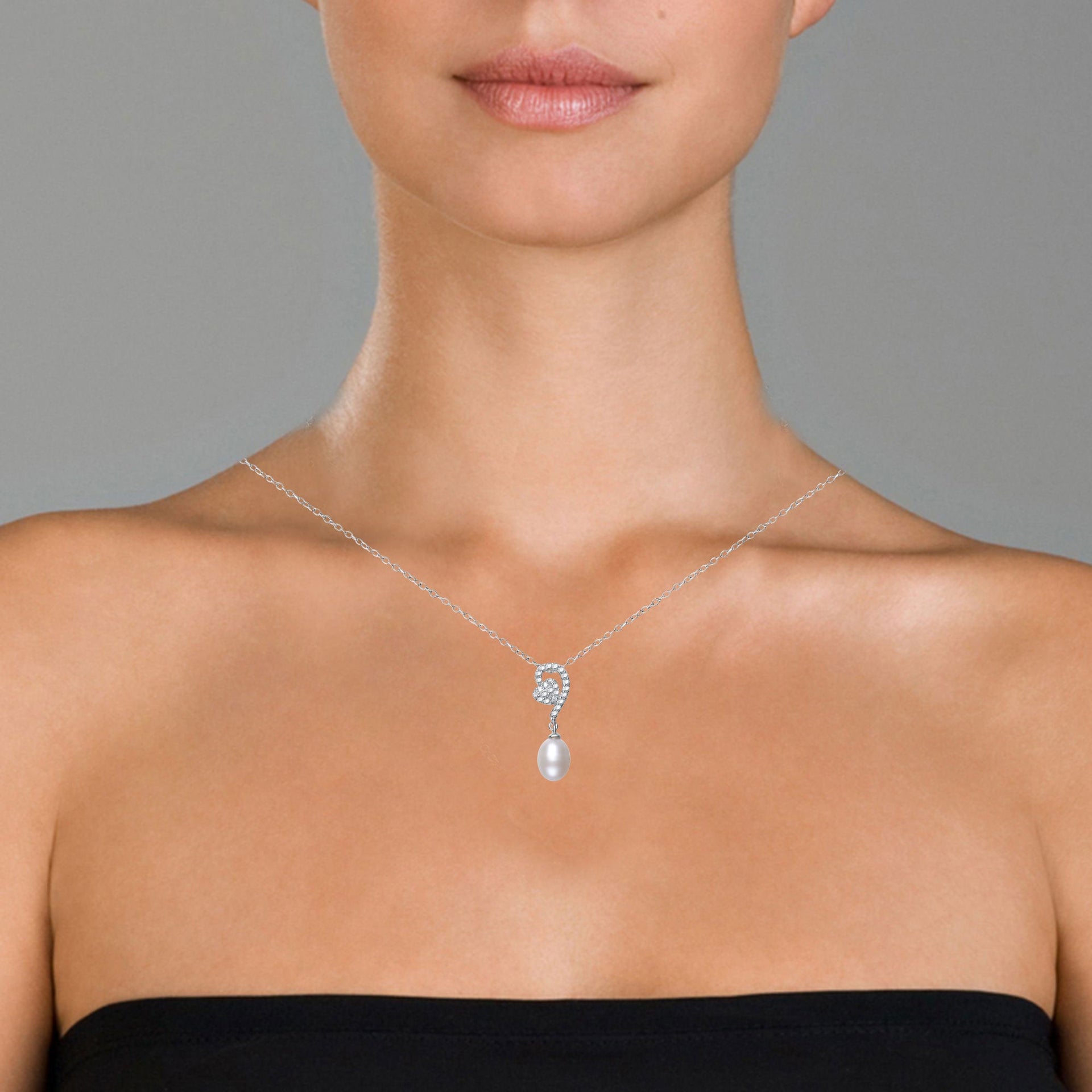 Gv Sterling Silver White Freshwater Pearl With Cubic Zirconia Necklace