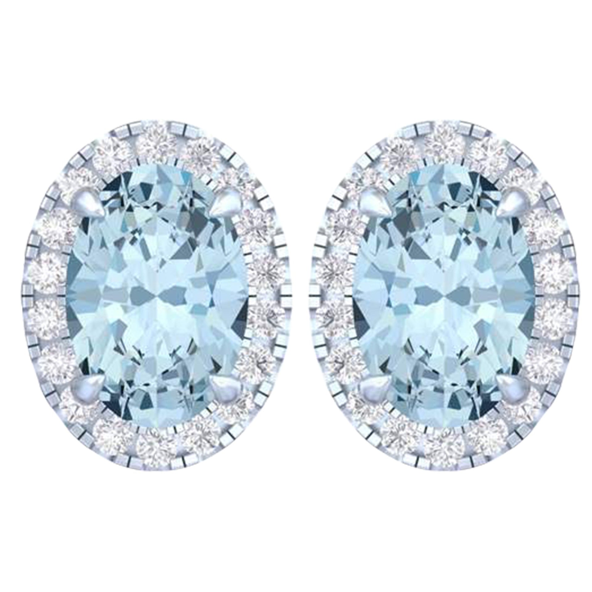 14k White Gold Vivid Blue Oval Cut 3.60 CT Lab-grown Diamond Halo Stud Earrings