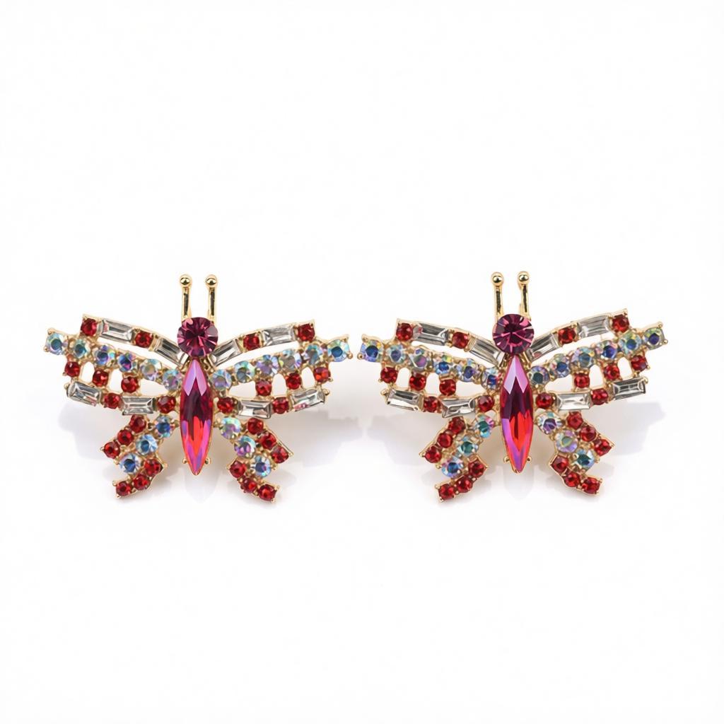 Red Crystal & Cubic Zirconia Butterfly Stud Earrings