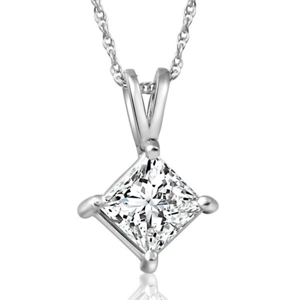 1Ct Princess Cut Diamond Solitaire Pendant 14k White Gold Necklace Lab Grown