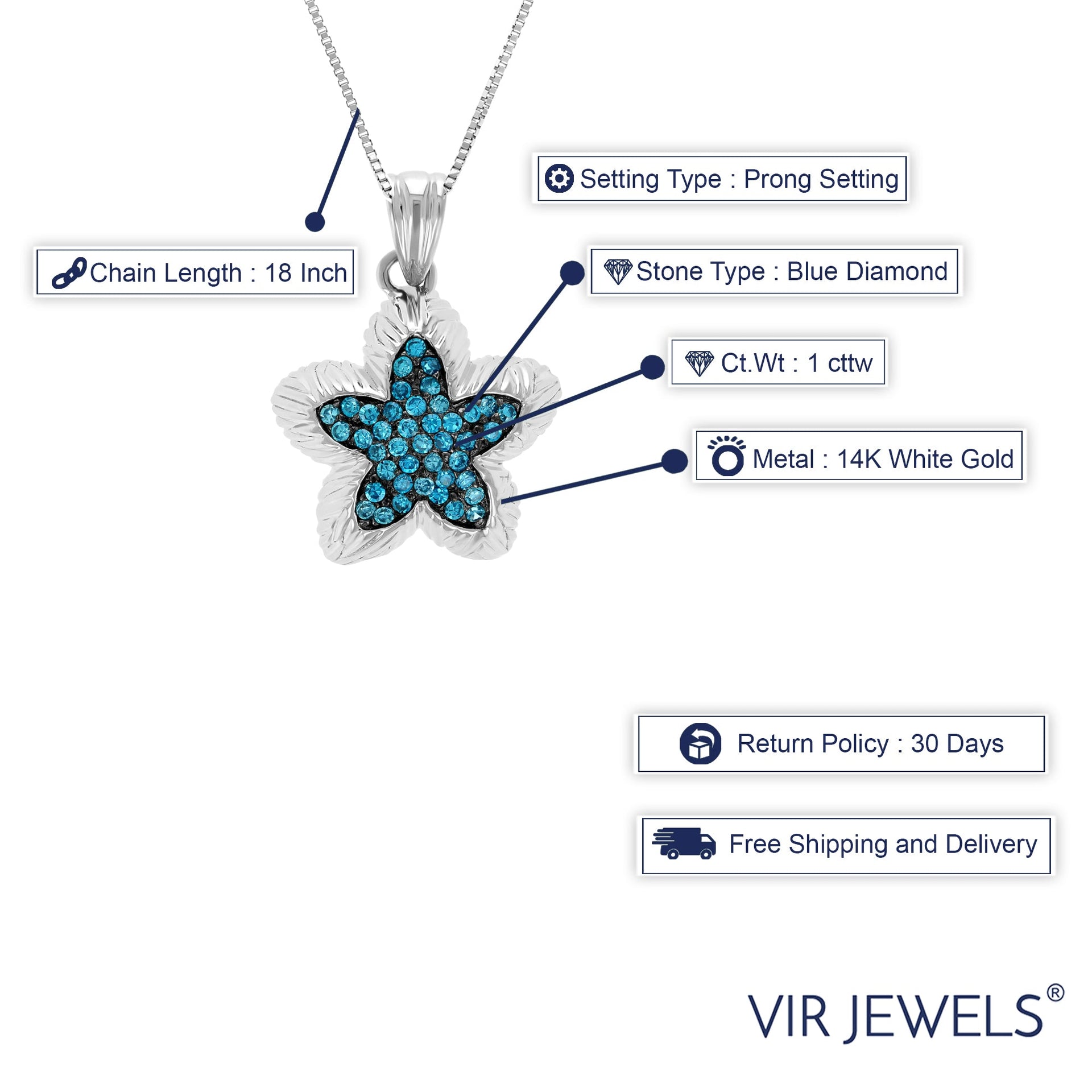 1 cttw Blue Diamond Starfish Pendant Necklace 14K White Gold with 18 Inch Chain