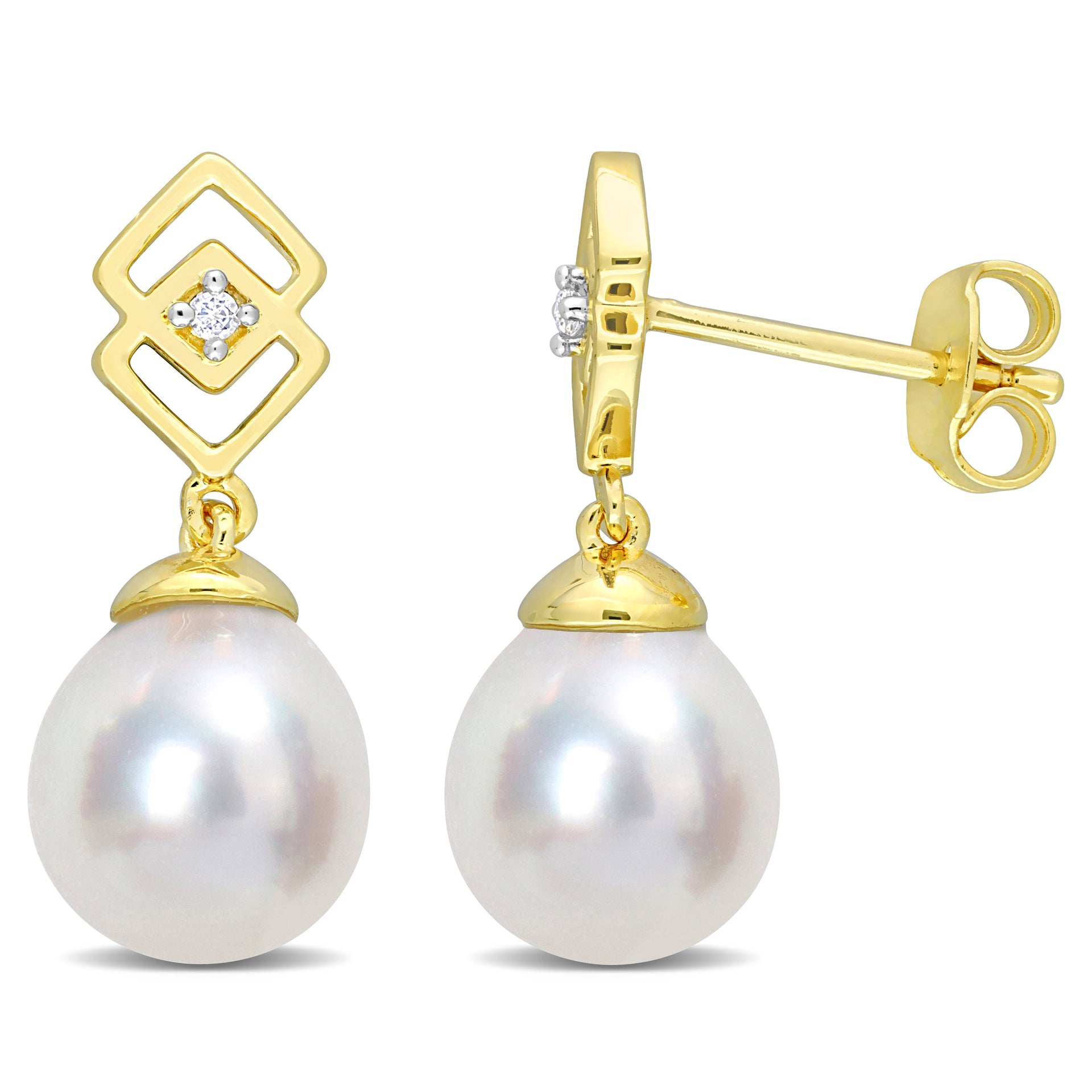 8-9mm South Sea Cultured Pearl and White Topaz Drop Earrings in Yellow Silver