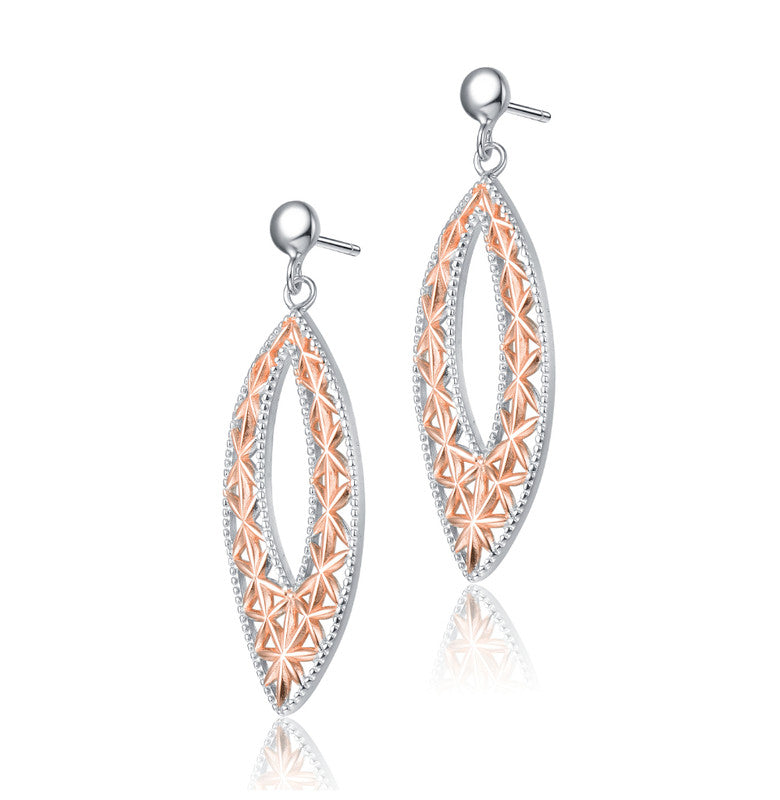 Sterling Silver Two-Tone Elongated Oval Dangling Earrings