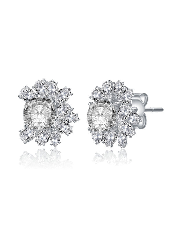 Sterling Silver White Gold Plated With Clear Cubic Zirconia Flower Cluster Stud Earrings