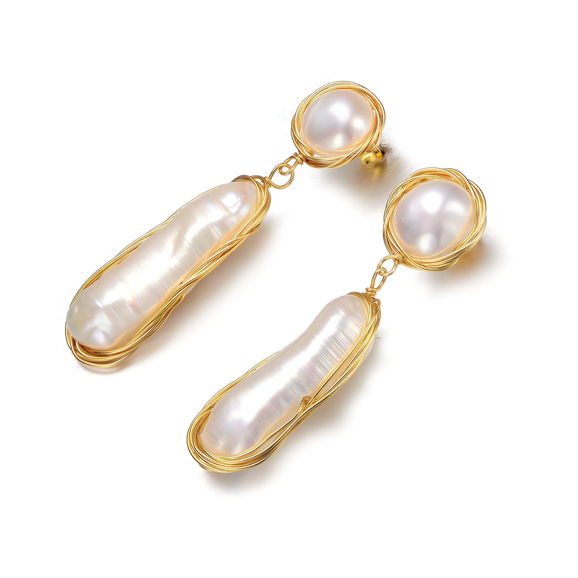 Sterling Silver with 14k Gold Plated Genuine Freshwater Pearl Dangling Earrings