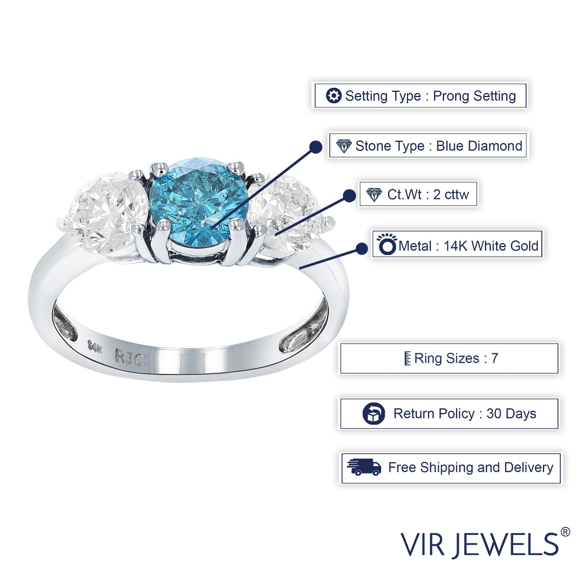2 cttw 3 Stone Blue and White Diamond Engagement Ring 14K White Gold