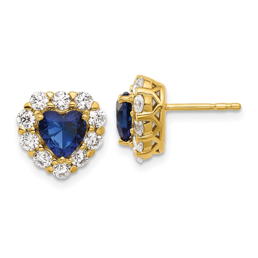 14k Yellow Gold 1 1/3 CT Lab Grown Diamond And Created Sapphire Halo Heart Stud Earrings