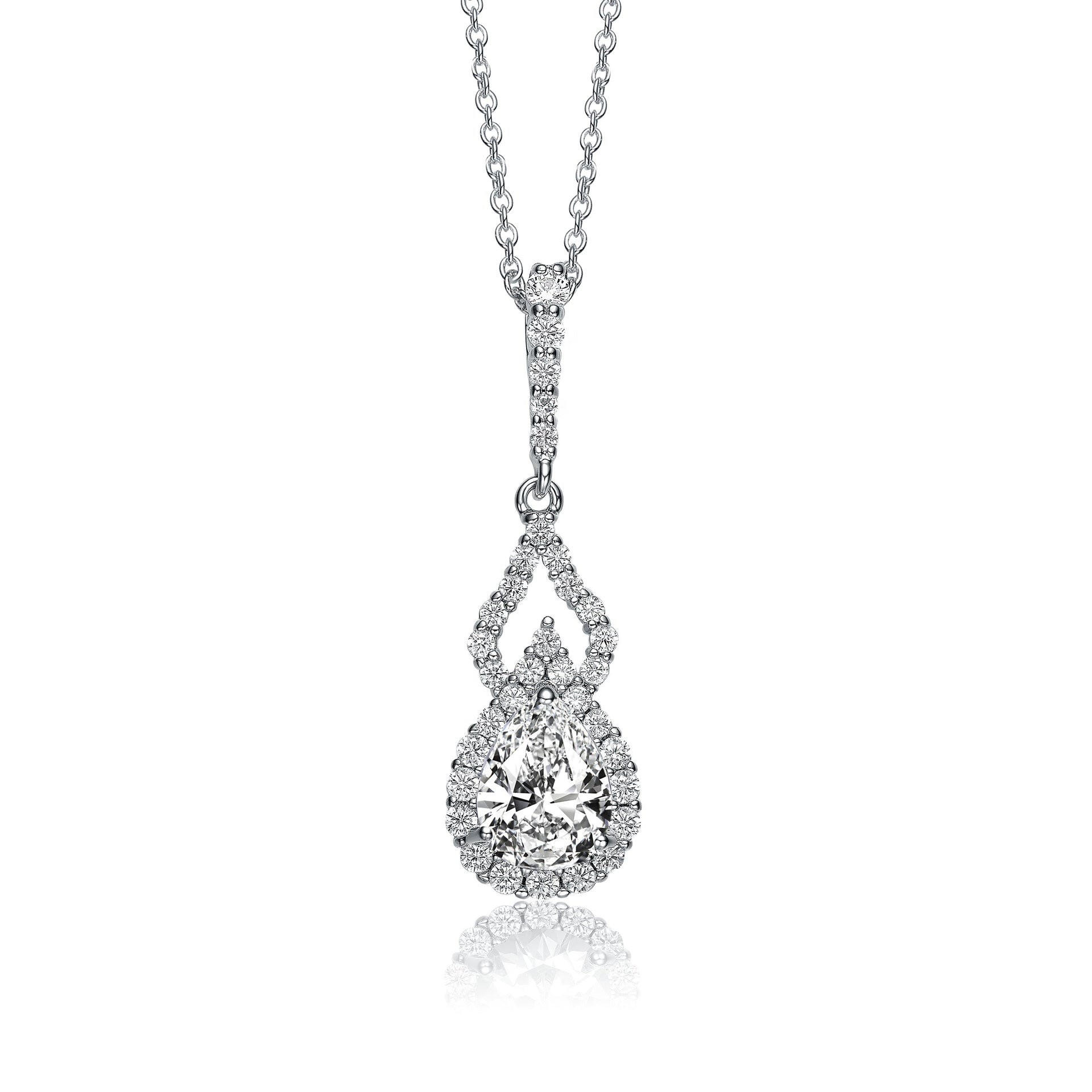 Sterling Silver Cubic Zirconia Halo Two Pear Necklace