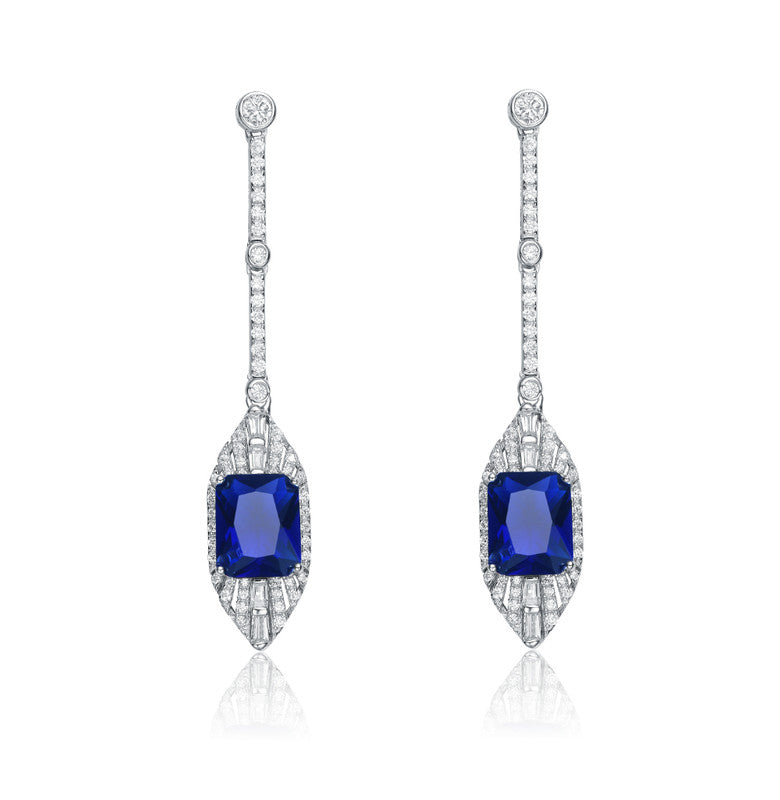 Sterling Silver With Rhodium Plated Sapphire Cubic Zirconia Drop Earrings