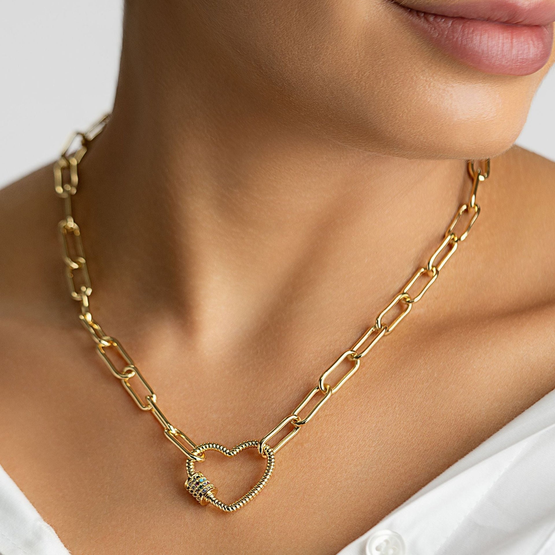 14K Gold Plated Paper Clip Chain With Rainbow Heart Screw Lock