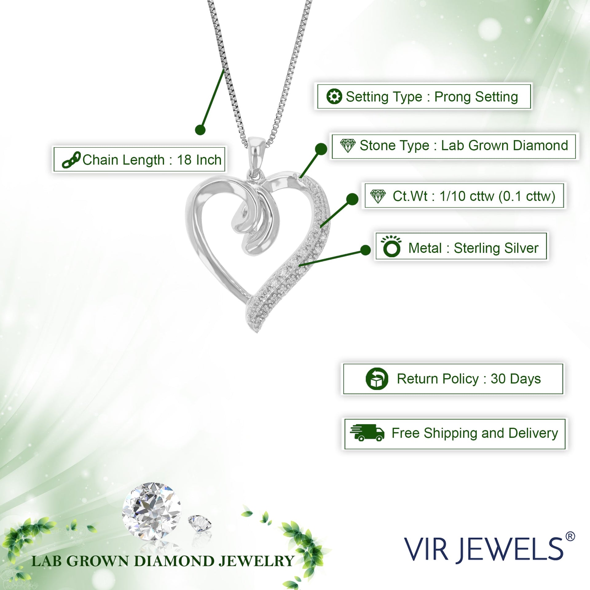 1/10 cttw Lab Grown Diamond Heart Shape Pendant Necklace .925 Sterling Silver 3/4 Inch With 18 Inch Chain