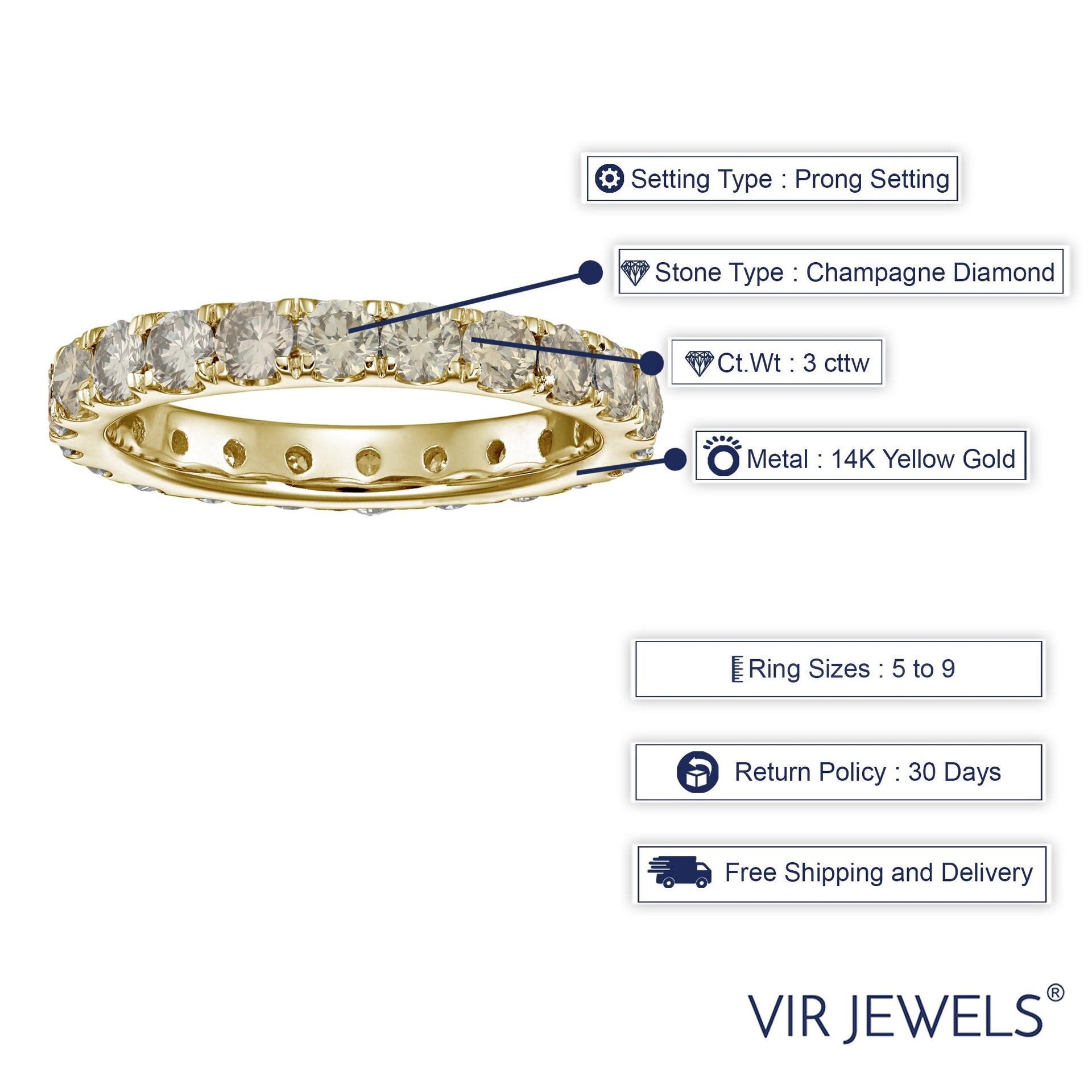 3 Cttw Champagne Diamond Eternity Ring Wedding Band In 14K Gold