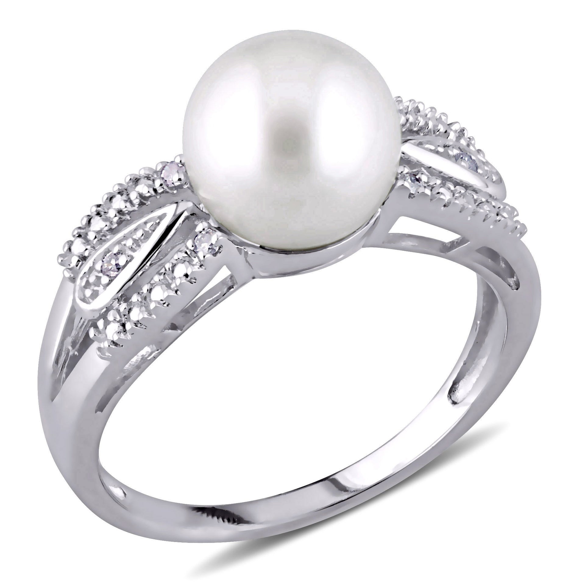 9-9.5mm Cultured Freshwater Pearl and Diamond Accent Split Shank Ring in Sterling Silver