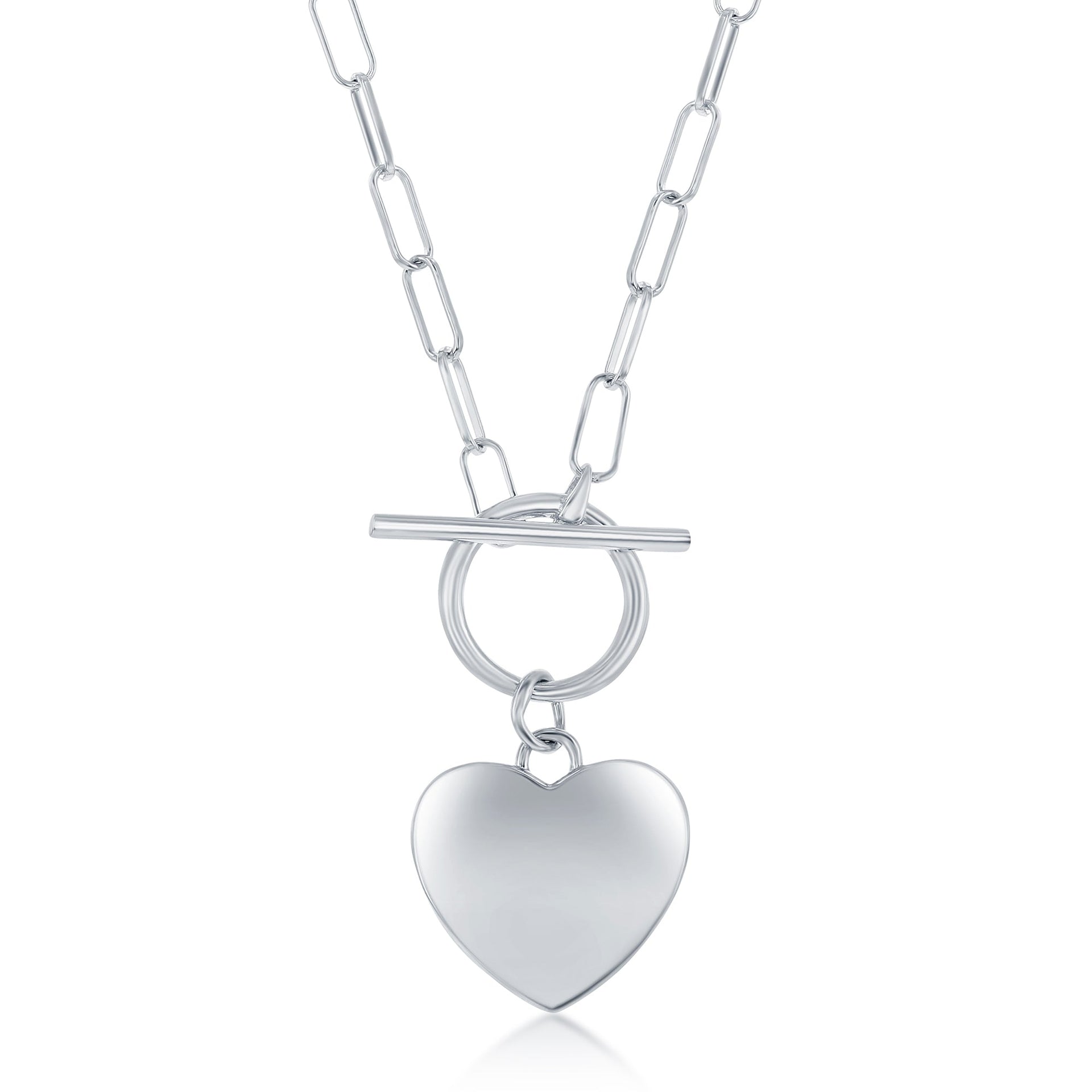 Sterling Silver Shiny Heart Paperclip Chain Toggle Necklace
