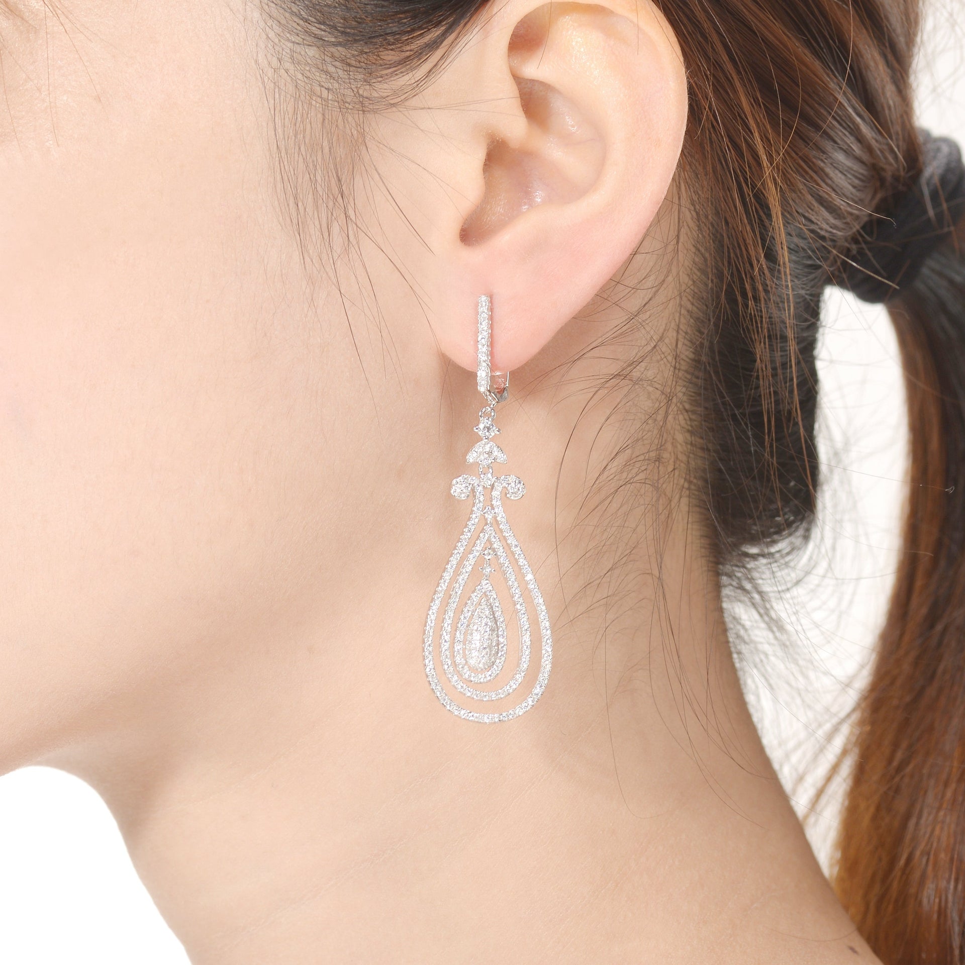 Cz Ss Rhodium Plated Triple Outlined Teardrop Earrings